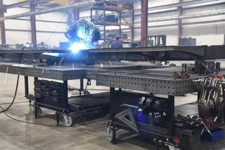 Man Welding Large Project on Flextur Welding Table Using two Welding Tables