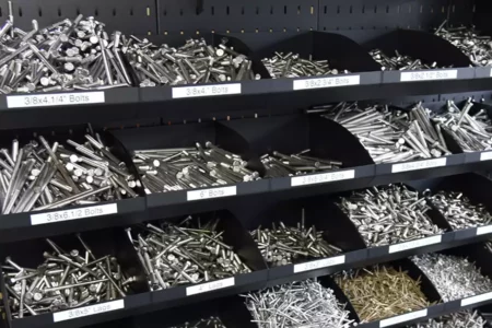 Flextur Hardware Storage Bins filled with Bolts and Nuts