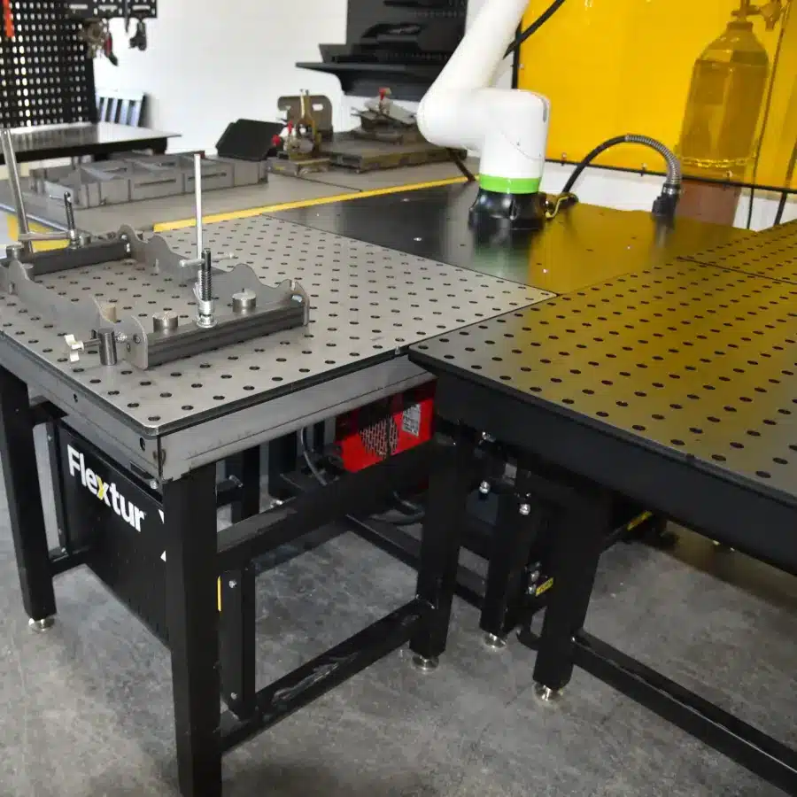 Flextur Cobot Docking Station with Cobot Arm and Pin and Clamp 36" x 36" Welding Table.