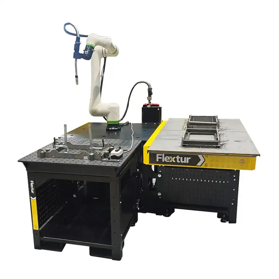 Flextur 36" x 36" Cobot Quick-Change Table with Cobot Arm Mounted to Docking Station and Quick Change Table with Fixtures.