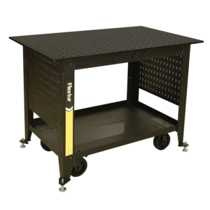 The Mobile Nitride Welding Table Cart is a black, rectangular cart with wheels, a perforated metal tabletop and sides, an open middle shelf, and features a yellow Flextur label on the front left corner.