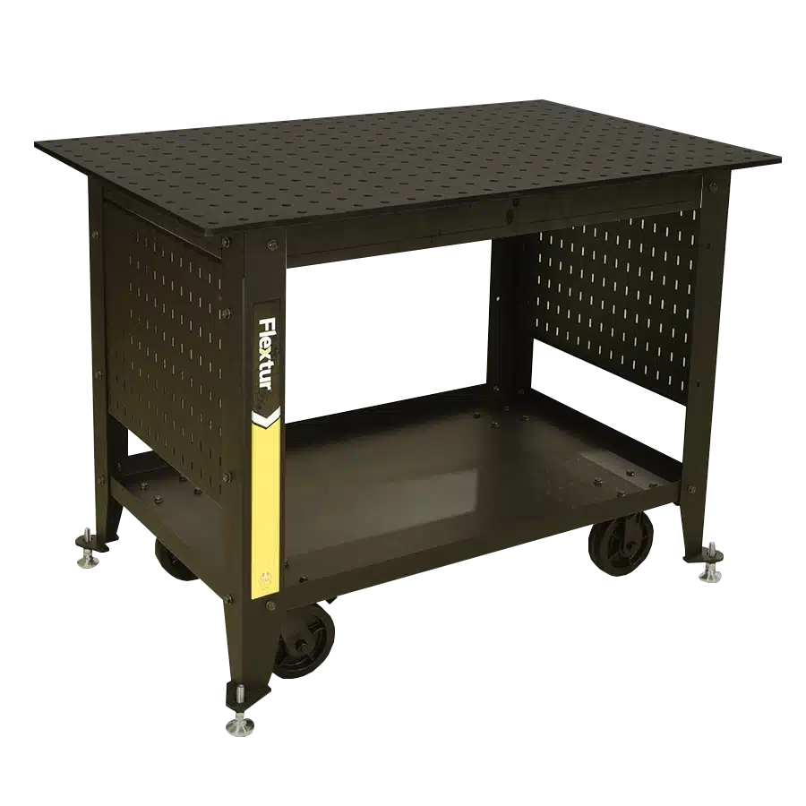 The Mobile Nitride Welding Table Cart is a black, rectangular cart with wheels, a perforated metal tabletop and sides, an open middle shelf, and features a yellow Flextur label on the front left corner.