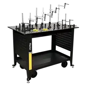 The Mobile Nitride Welding Table Cart is a black metal cart with an adjustable fixture system, clamps, perforated work surface, lower storage shelf, and caster wheels for easy mobility.