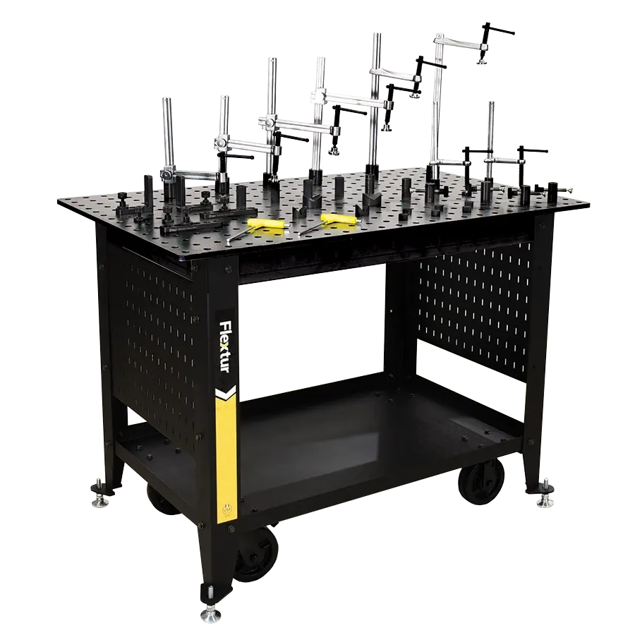 Flextur Mobile Nitride Welding Table Cart with 40-piece fixture kit, shown with accessories and durable work surface.