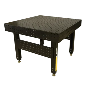 The 48" x 48" x 6" Stationary Nitride Welding Table is black, metal, features a perforated top and sides, and stands on four sturdy legs against a white background.