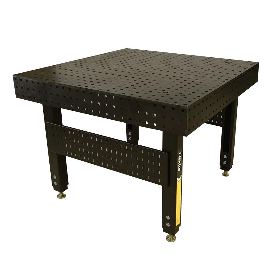The 48" x 48" x 6" Stationary Nitride Welding Table is black, metal, features a perforated top and sides, and stands on four sturdy legs against a white background.