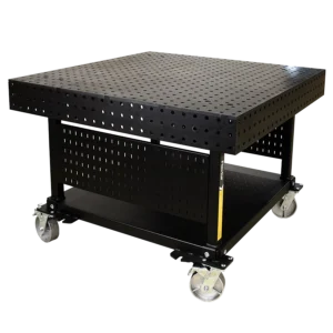 The 48" x 48" x 6" Nitride Welding Table features a black metal build, perforated top and sides, sturdy frame, lower shelf, and four swivel casters for easy mobility.