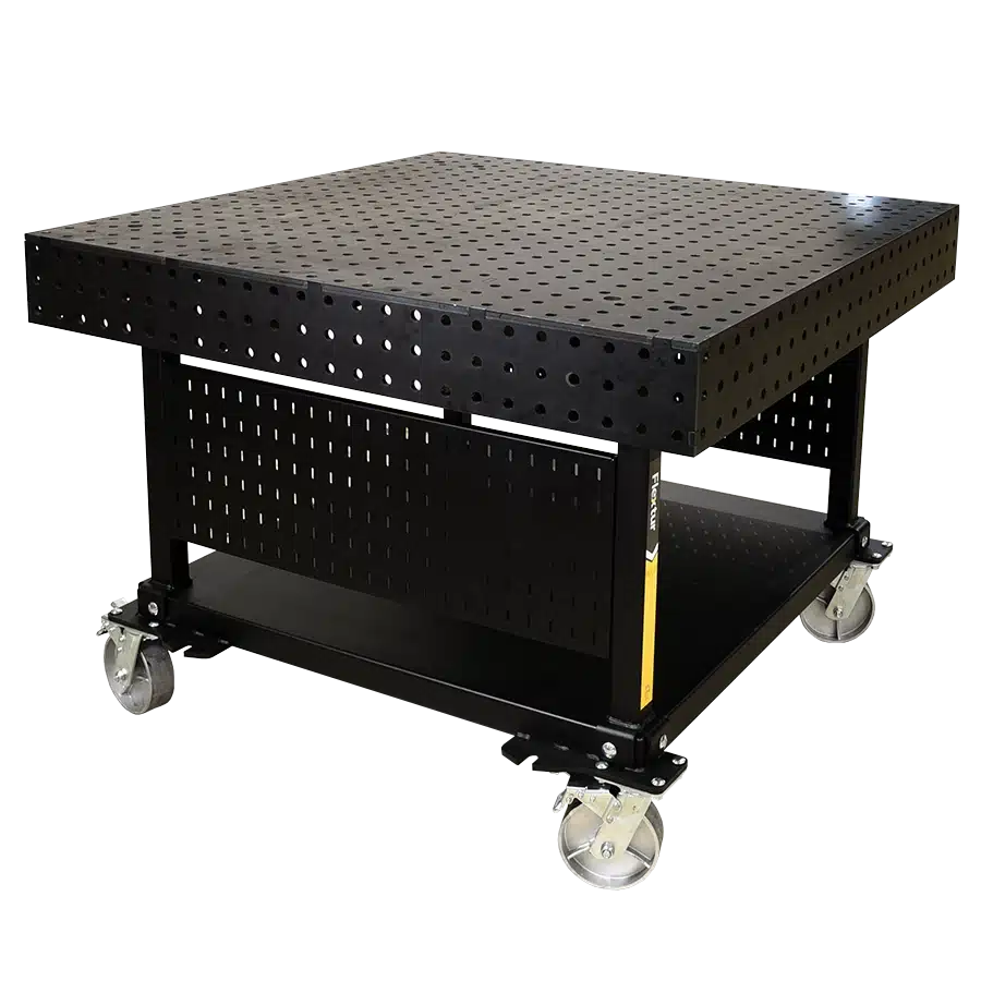 The 48" x 48" x 6" Nitride Welding Table features a black metal build, perforated top and sides, sturdy frame, lower shelf, and four swivel casters for easy mobility.