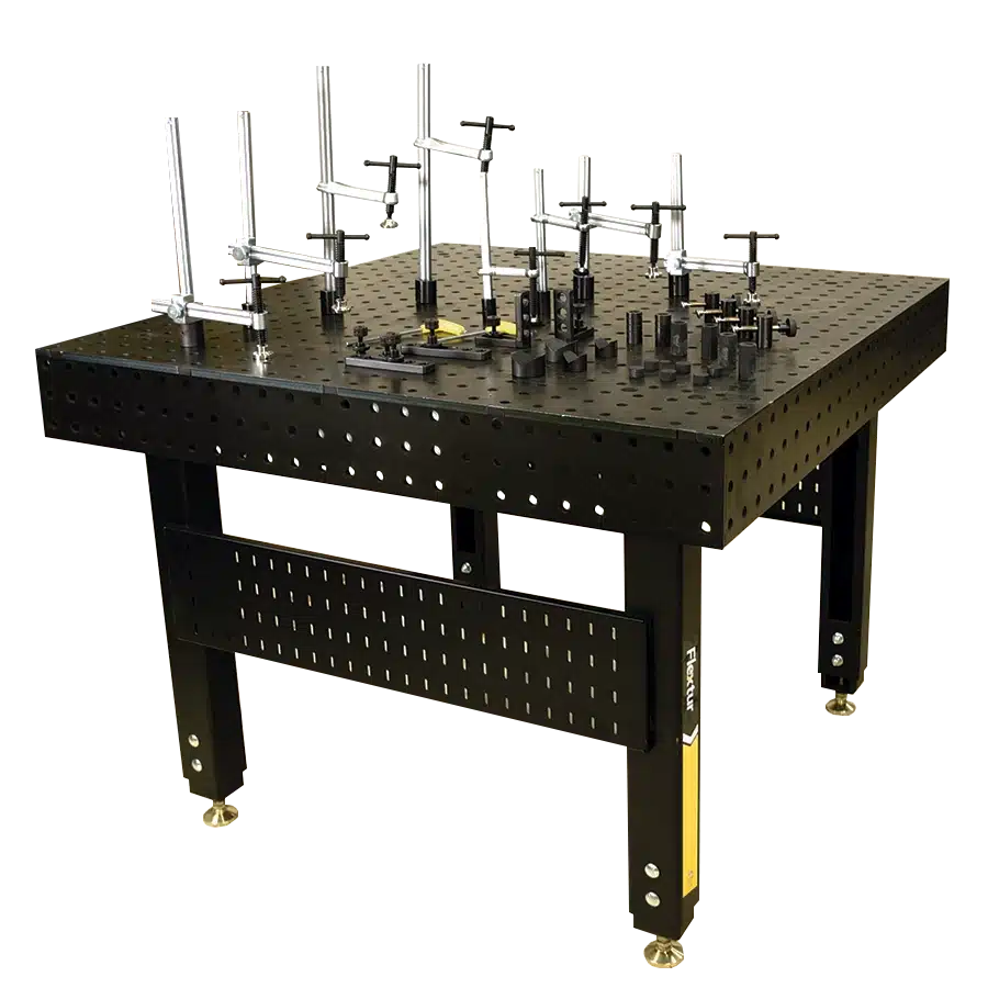 The 48 x 48 x 6 Stationary Nitride Welding Table includes a 40 piece fixturing kit and offers a gridded surface for easy mounting of rods and clamps, making it ideal for laboratory optics experiments.