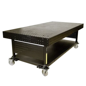 The 48" x 96" x 6" Nitride Welding Table features a large black metal rectangular body, perforated top, lower shelf, and four caster wheels for mobility.