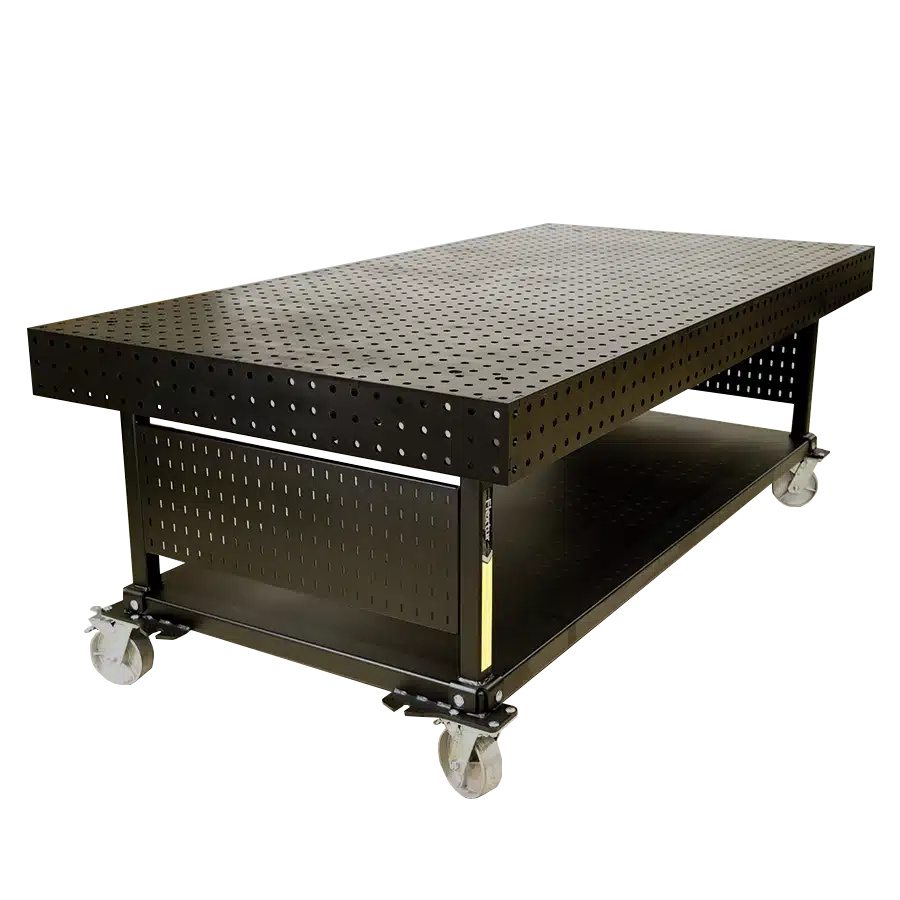 The 48" x 96" x 6" Nitride Welding Table features a large black metal rectangular body, perforated top, lower shelf, and four caster wheels for mobility.