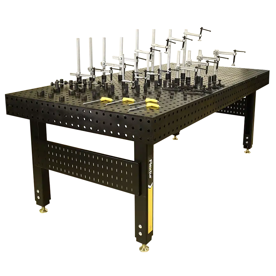 The 48" x 96" x 6" Stationary Nitride Welding Table with 80 Piece Fixturing Kit features a black perforated surface, adjustable clamps and fixtures, and sturdy legs with leveling feet for stability.