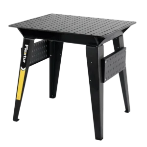 The 36" x 30" Nitride Welding Table is a black metal table with a perforated top, sturdy legs, Flextur branding on the side, and horizontal slotted panels for storing tools.