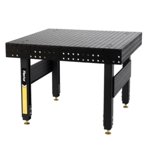 The 48" x 48" x 6" Stationary Nitride Welding Table is black, metal, features a perforated top and sides, and stands on four sturdy legs against a white background.