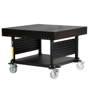 The 48" x 48" x 6" Nitride Welding Table features a black metal build, perforated top and sides, sturdy frame, lower shelf, and four swivel casters for easy mobility.
