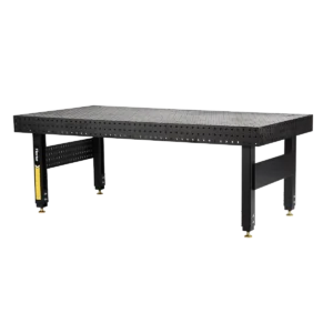 48" x 96" x 6" Stationary Nitride Welding Table features a large black metal perforated tabletop and sturdy rectangular legs, ideal for industrial or workshop use.