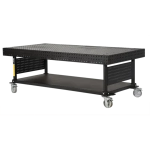 The 48" x 96" x 6" Nitride Welding Table features a large black metal rectangular body, perforated top, lower shelf, and four caster wheels for mobility.