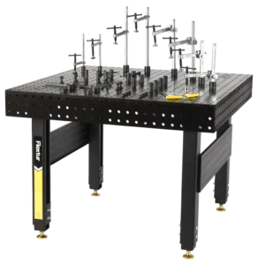 The 48 x 48 x 6 Stationary Nitride Welding Table includes a 40 piece fixturing kit and offers a gridded surface for easy mounting of rods and clamps, making it ideal for laboratory optics experiments.