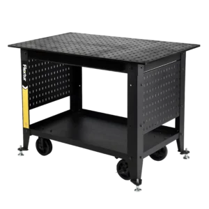 The Mobile Nitride Welding Table Cart is a black, rectangular cart with wheels, a perforated metal tabletop and sides, an open middle shelf, and features a yellow Flextur label on the front left corner.