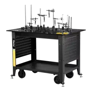 The Mobile Nitride Welding Table Cart is a black metal cart with an adjustable fixture system, clamps, perforated work surface, lower storage shelf, and caster wheels for easy mobility.