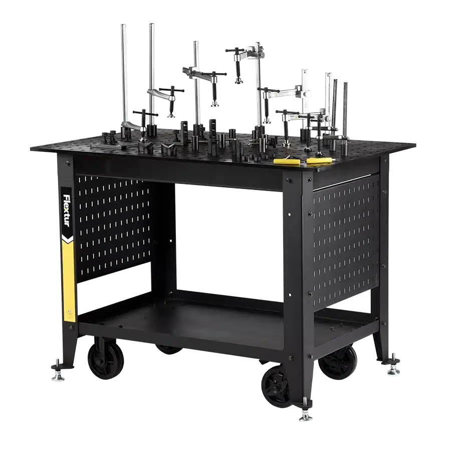 The Mobile Nitride Welding Table Cart is a black metal cart with an adjustable fixture system, clamps, perforated work surface, lower storage shelf, and caster wheels for easy mobility.