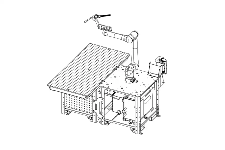 CAD drawing of a single-sided Flextur Cobot Welding Table with integrated robotic arm and perforated weld surface.