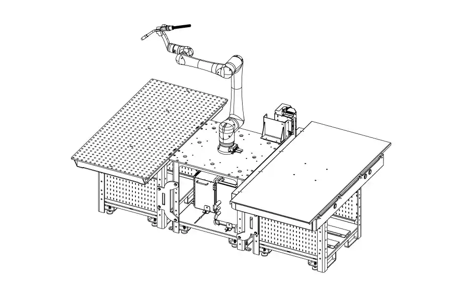 CAD drawing of a dual-station Flextur Cobot setup with welding and quick-change tables connected for flexible automation.